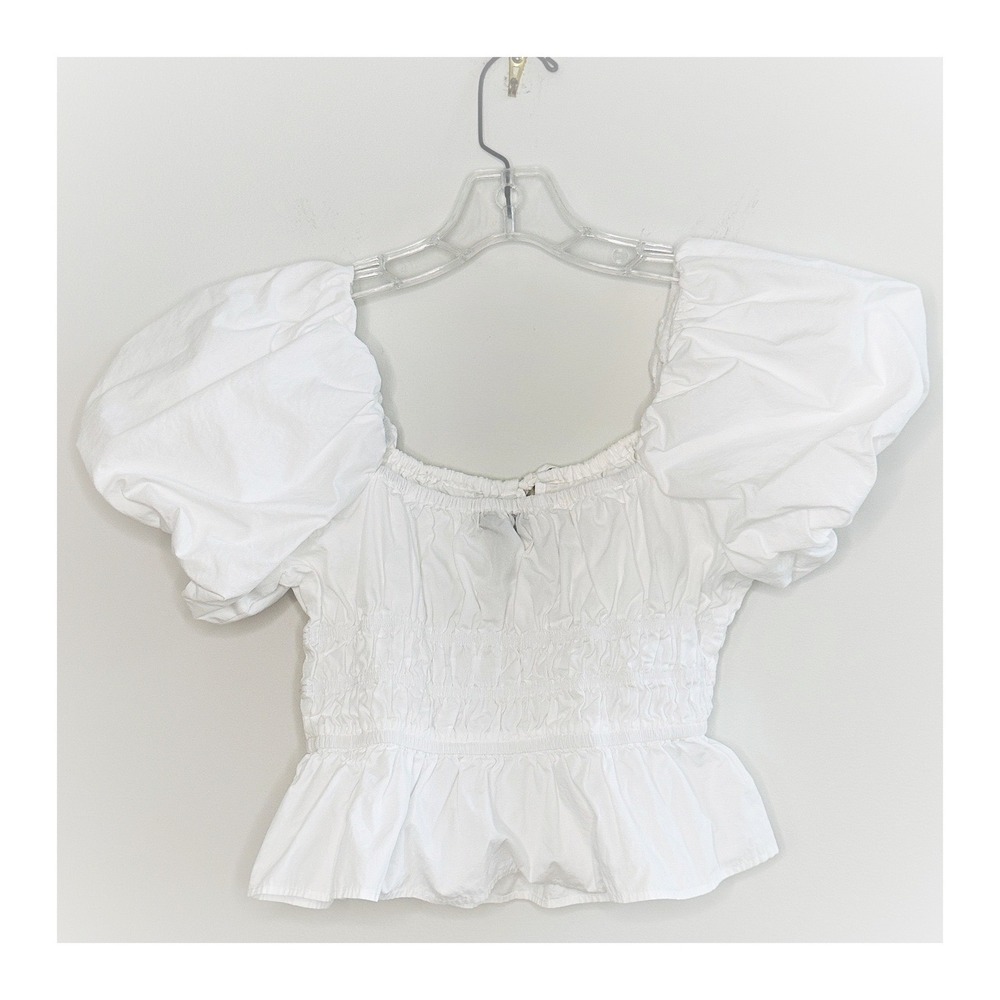 AQUA White Cotton Puff Sleeve Peplum Smocked Top Square Neck Tie Front Small - Picture 2 of 3